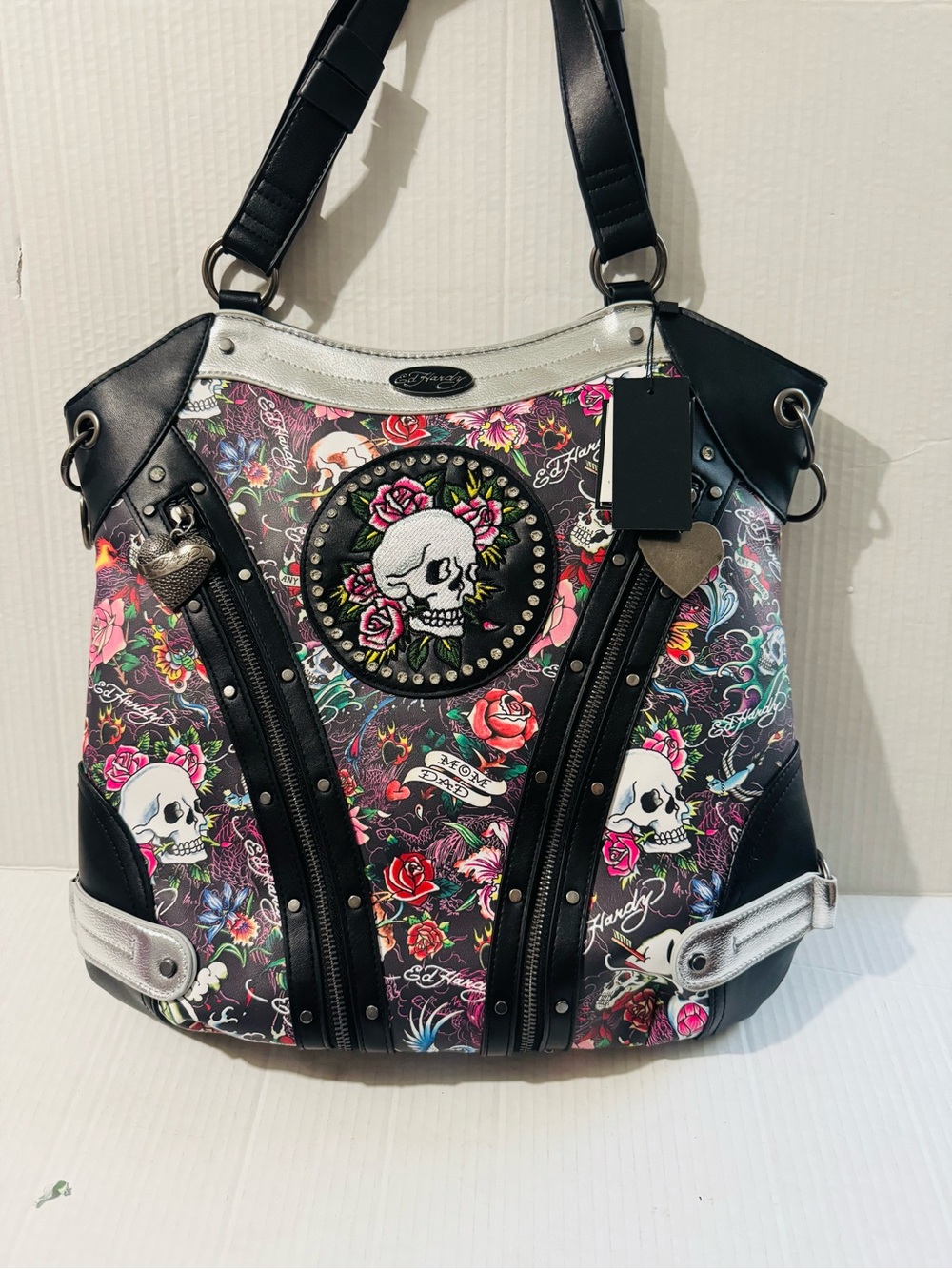 Ed Hardy embellished Black Floral Skull Tote Bag BNWT